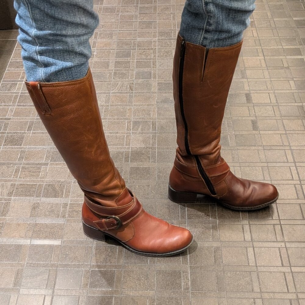 boc Brown Two-Tone Leather Riding Boots with Buckle